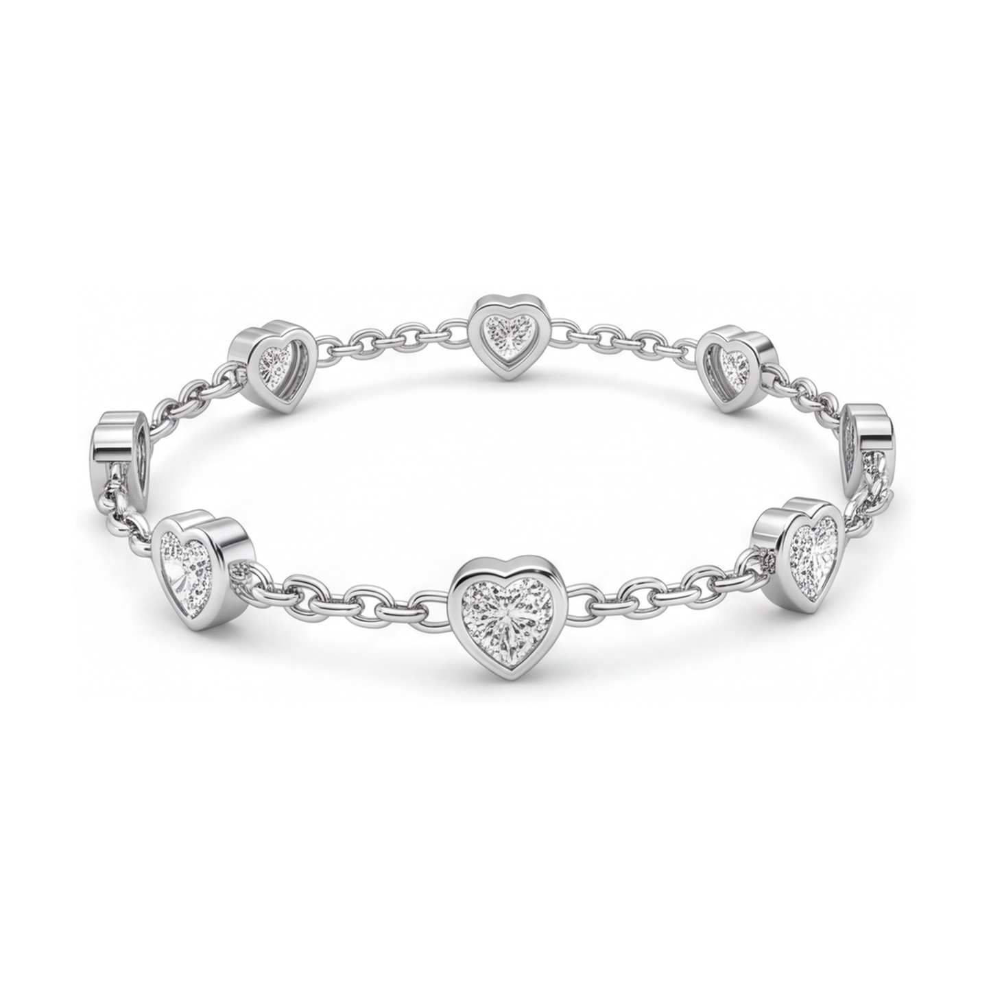 Diamond Heart Station Bracelet 3 Carat Lab Grown Bezel 14K White Gold 7 Inch