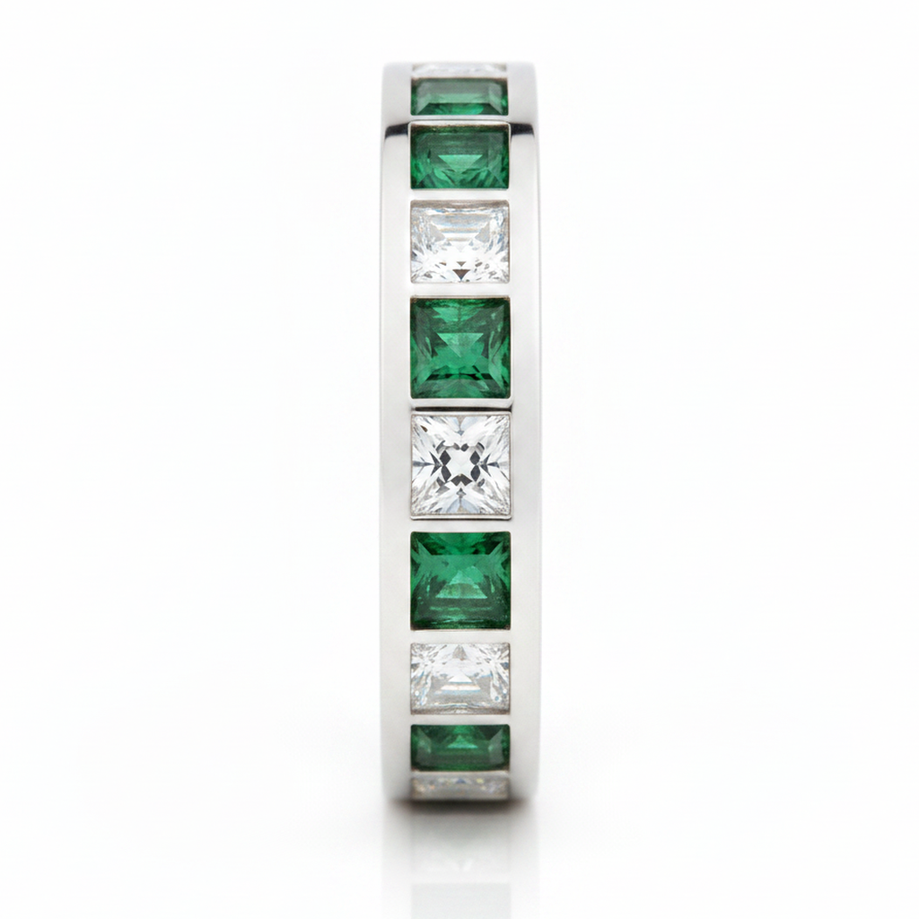 Emerald Cut Engagement Ring Real Half Eternity 18K White Gold