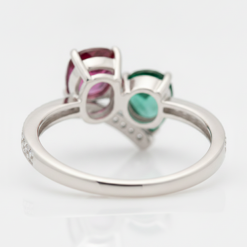 Emerald Engagement Ring 1.5 Carat Real Green Two Stone 18K White Gold