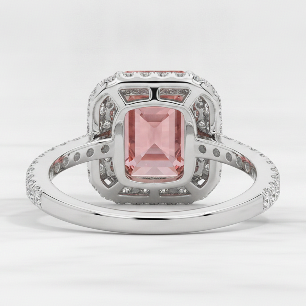 Padparadscha Sapphire Ring 3.8 Carat Natural Emerald Double Halo 14K White Gold
