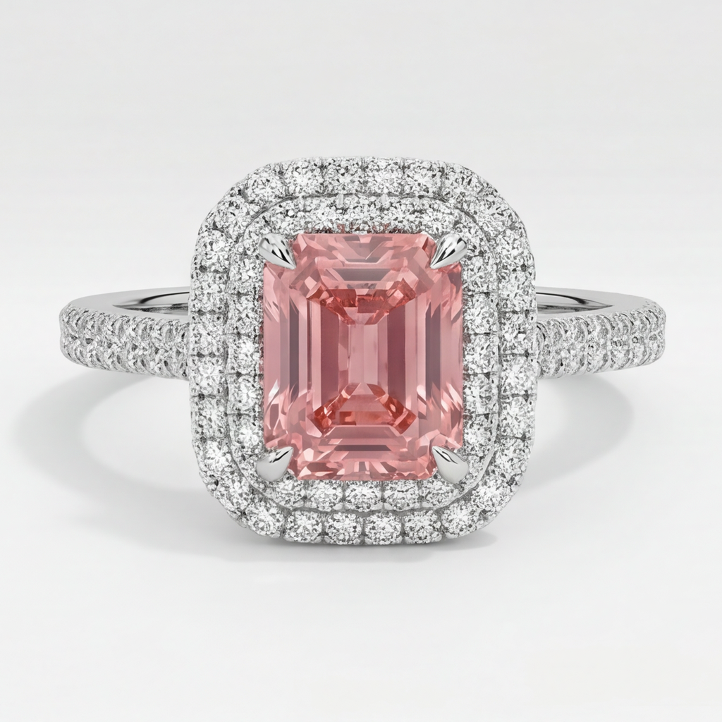 Padparadscha Sapphire Ring 3.8 Carat Natural Emerald Double Halo 14K White Gold