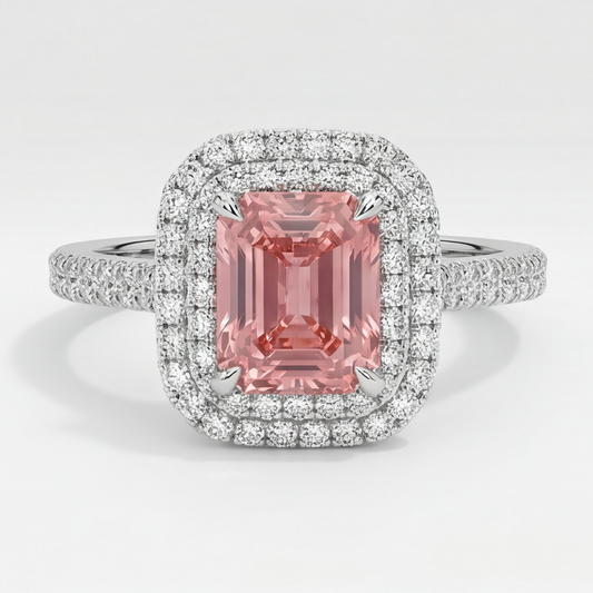 Padparadscha Sapphire Ring 3.8 Carat Natural Emerald Double Halo 14K White Gold