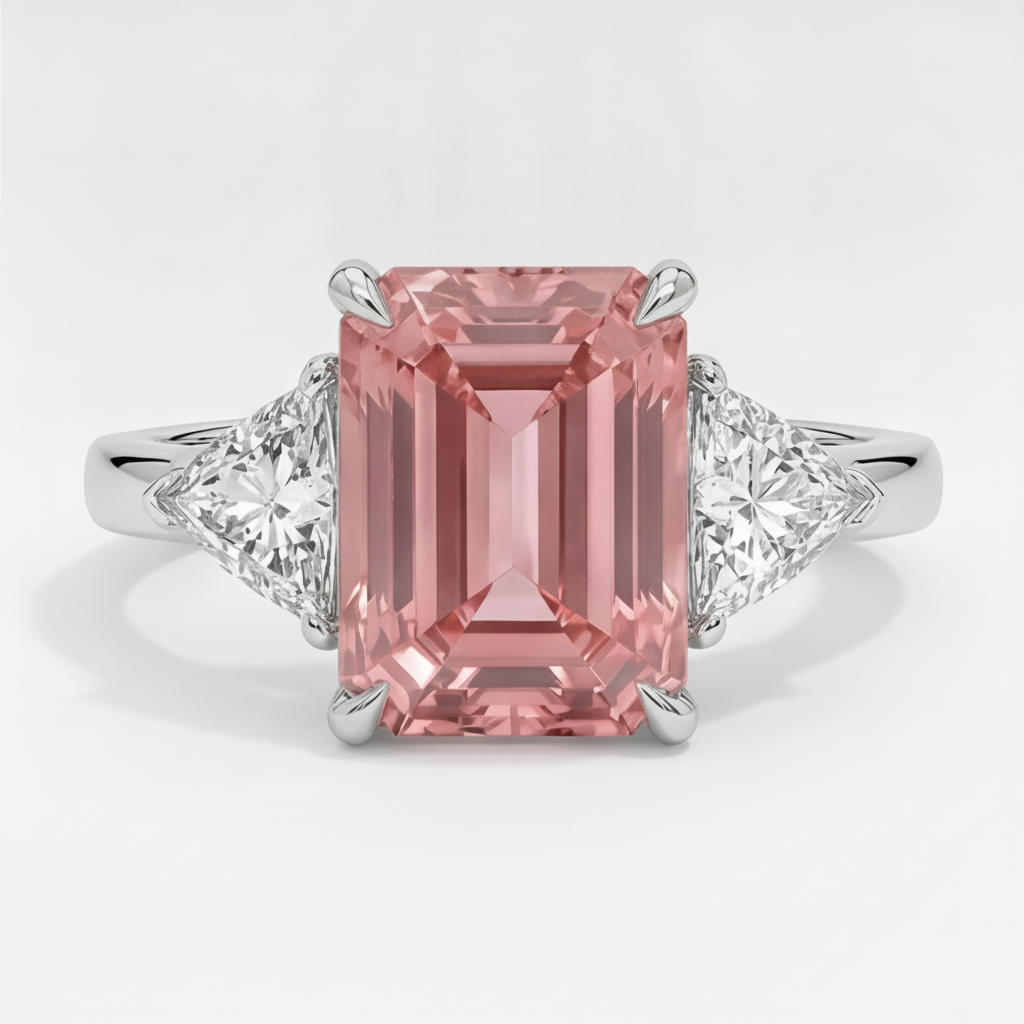Padparadscha Sapphire Ring 3.6 Carat Real Emerald and White Trilliant Three Stone Platinum