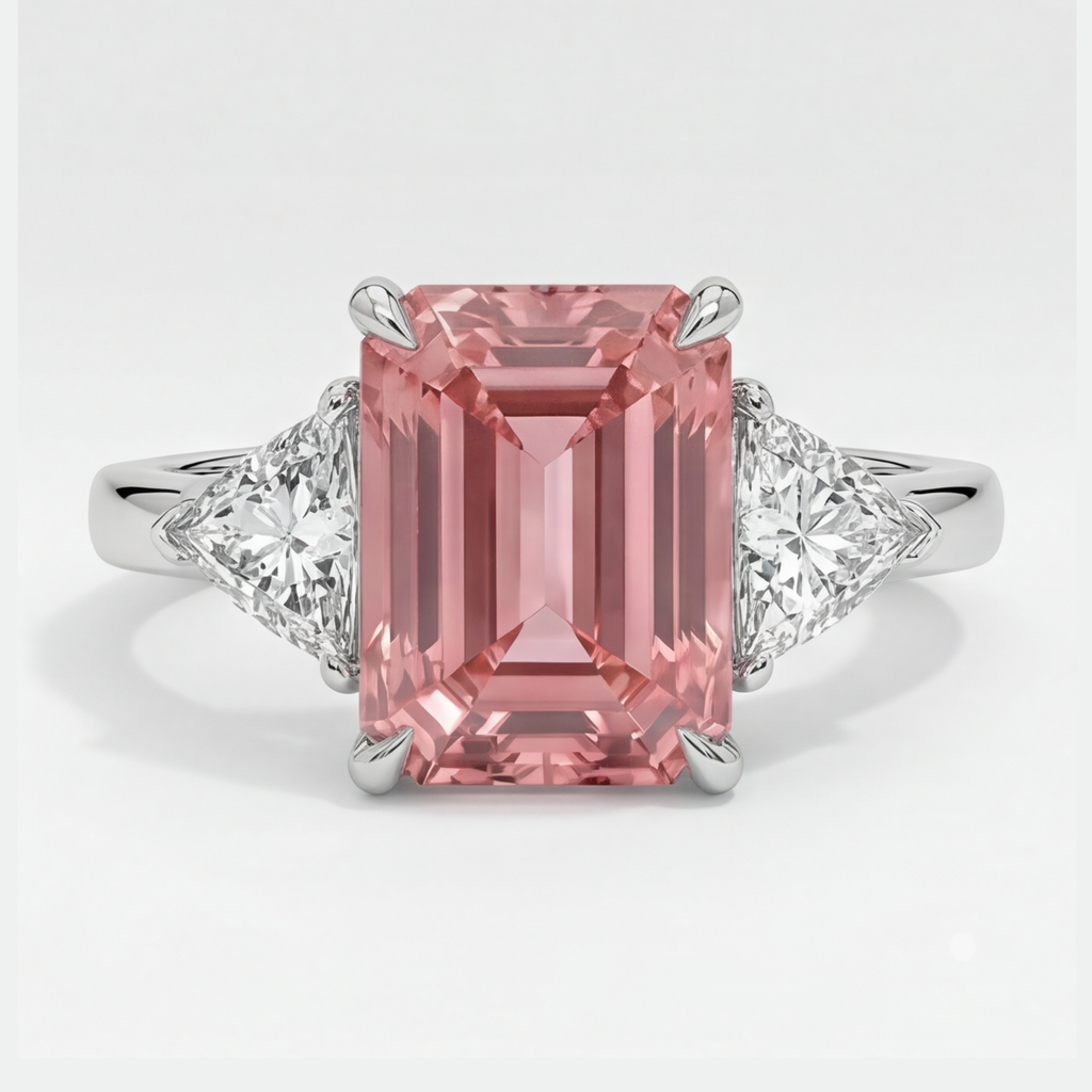 Padparadscha Sapphire Ring 3.6 Carat Real Emerald and White Trilliant Three Stone Platinum