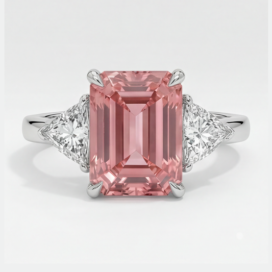 Padparadscha Sapphire Ring 3.6 Carat Real Emerald and White Trilliant Three Stone Platinum