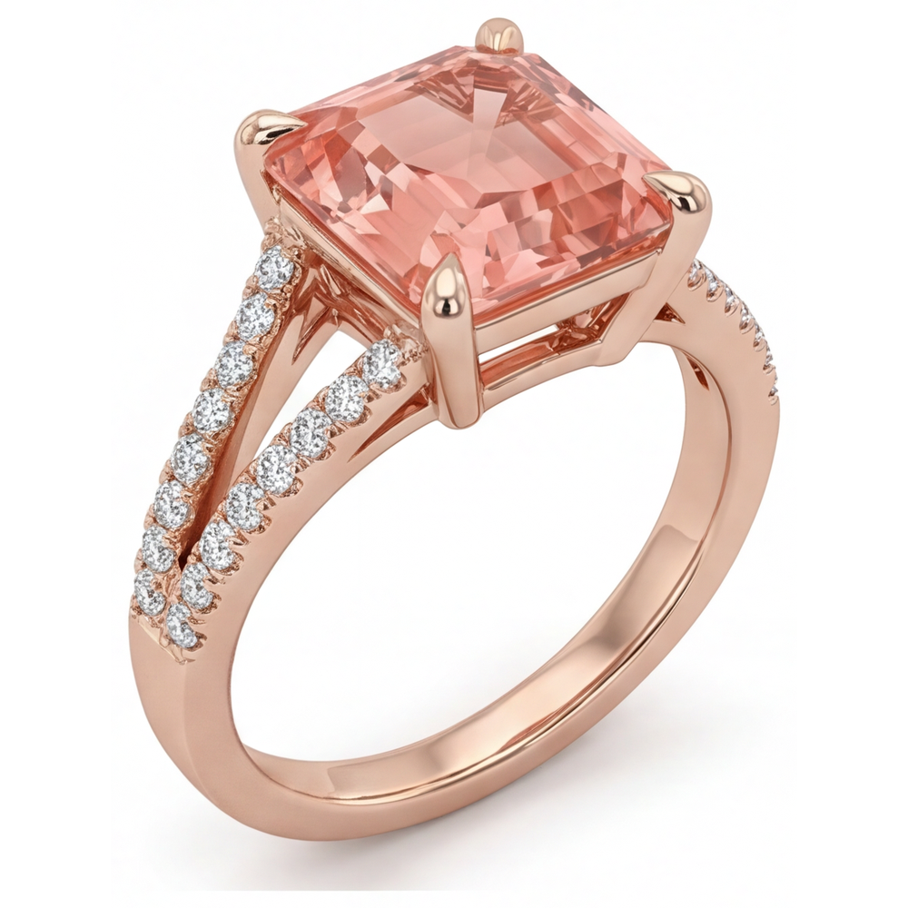 Peach Sapphire Engagement Ring 4.3 Carat Lab Grown Emerald Padparadscha Pave 14K Rose Gold