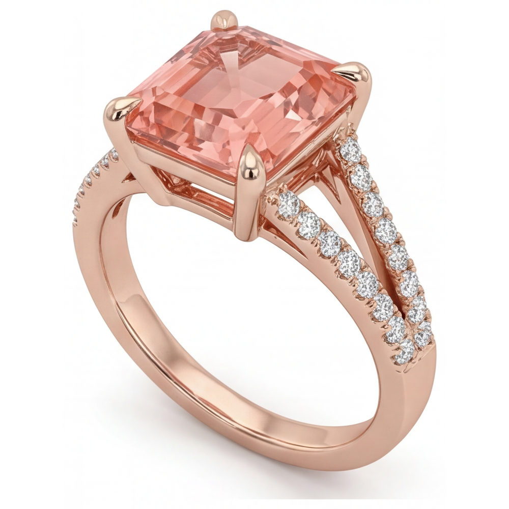 Peach Sapphire Engagement Ring 4.3 Carat Lab Grown Emerald Padparadscha Pave 14K Rose Gold