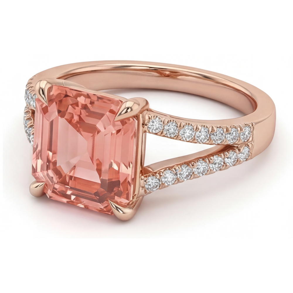 Peach Sapphire Engagement Ring 4.3 Carat Lab Grown Emerald Padparadscha Pave 14K Rose Gold