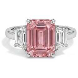 Peach Sapphire Ring 4.6 Carat Lab Grown Emerald Padparadscha and White Trapezoid Three Stone Cathedral 14K Gold