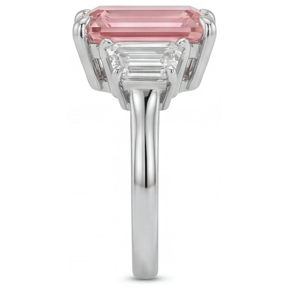 Peach Sapphire Ring 4.6 Carat Lab Grown Emerald Padparadscha and White Trapezoid Three Stone Cathedral 14K Gold