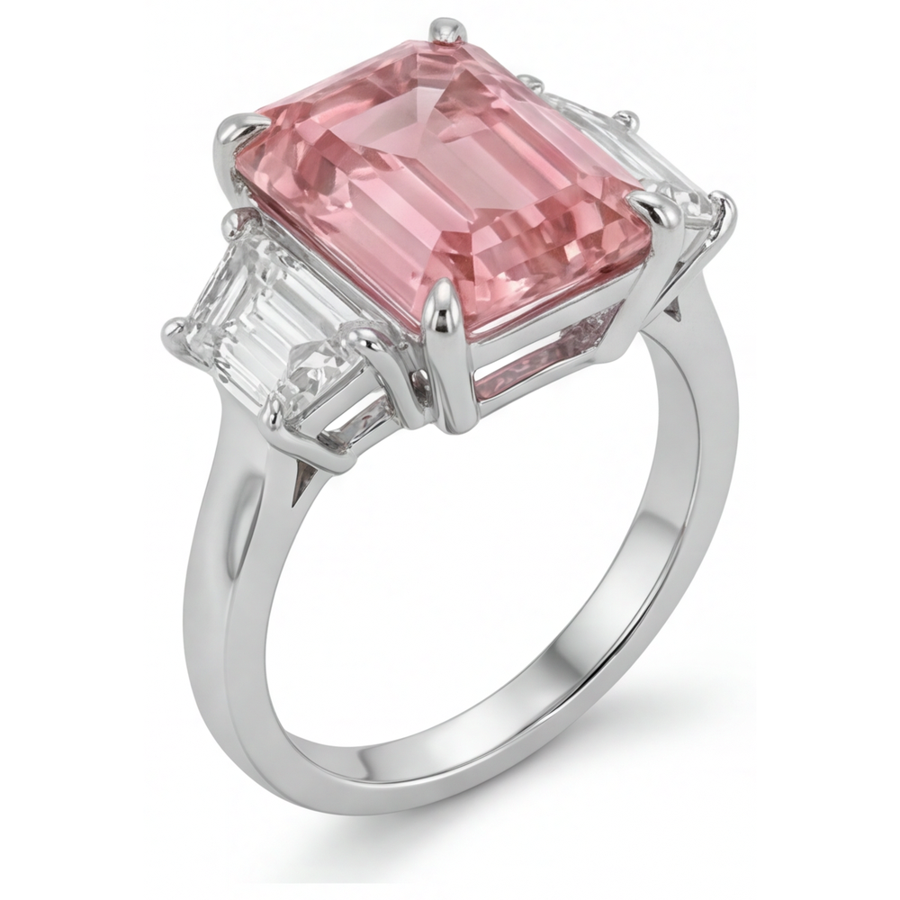 Peach Sapphire Ring 4.6 Carat Lab Grown Emerald Padparadscha and White Trapezoid Three Stone Cathedral 14K Gold