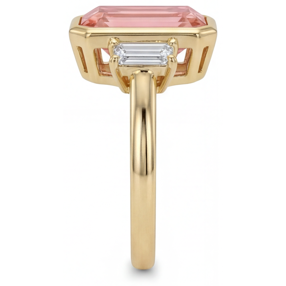 Lab Created Padparadscha Sapphire Ring 4.6 Carat Emerald and White Baguette Bezel Three Stone 14K Yellow Gold