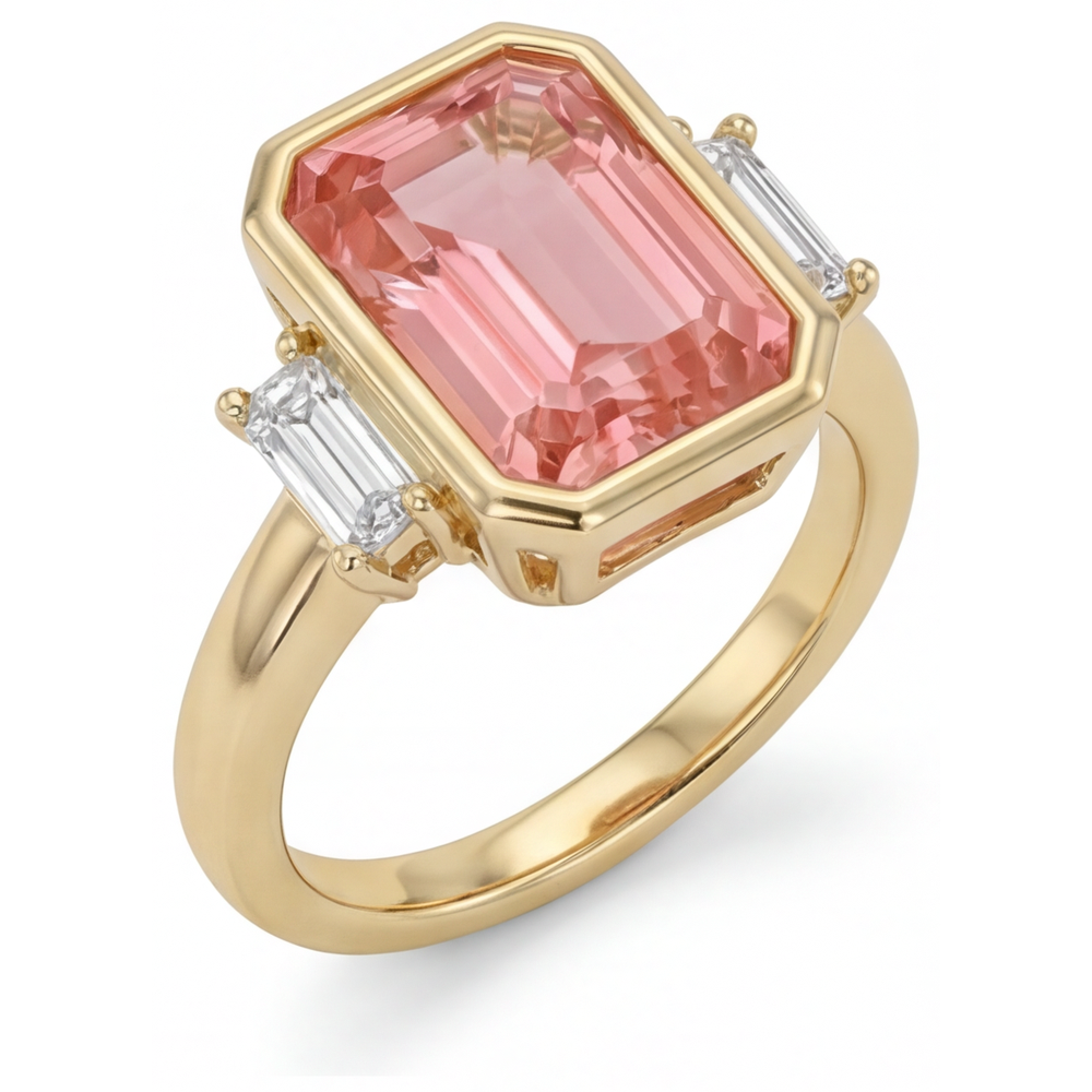 Lab Created Padparadscha Sapphire Ring 4.6 Carat Emerald and White Baguette Bezel Three Stone 14K Yellow Gold