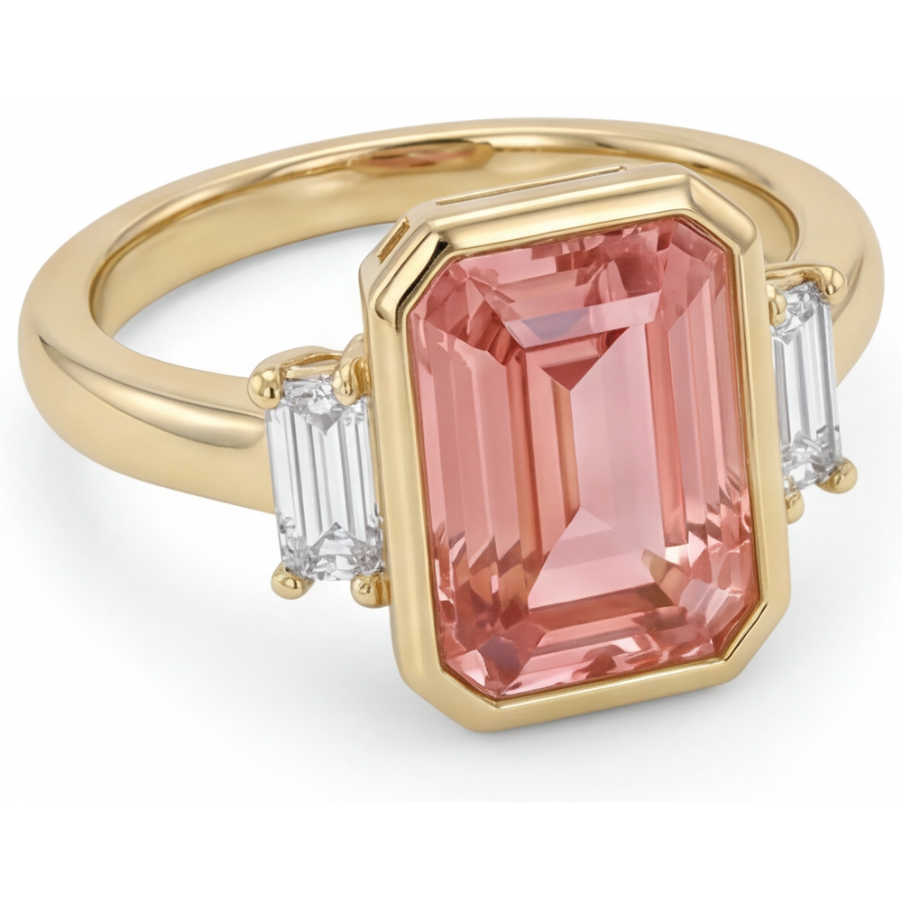 Lab Created Padparadscha Sapphire Ring 4.6 Carat Emerald and White Baguette Bezel Three Stone 14K Yellow Gold