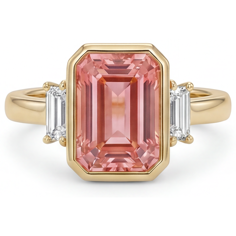 Lab Created Padparadscha Sapphire Ring 4.6 Carat Emerald and White Baguette Bezel Three Stone 14K Yellow Gold