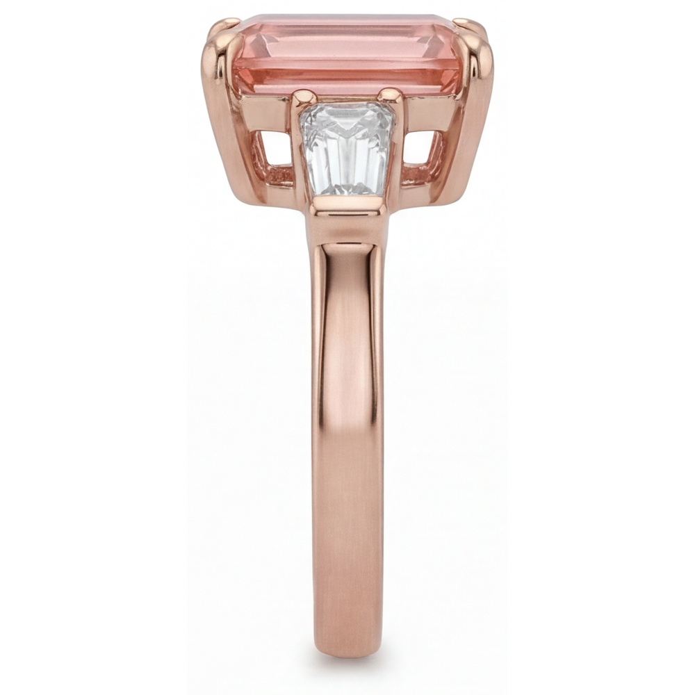 Peach Sapphire Ring 4.6 Carat Lab Grown Emerald Padparadscha and White Baguette Three Stone 14K Rose Gold