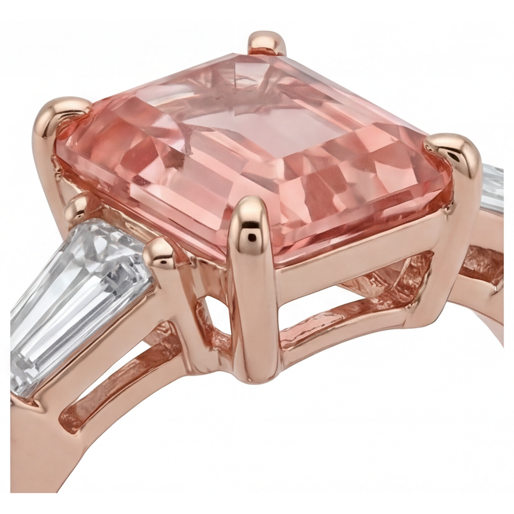 Peach Sapphire Ring 4.6 Carat Lab Grown Emerald Padparadscha and White Baguette Three Stone 14K Rose Gold