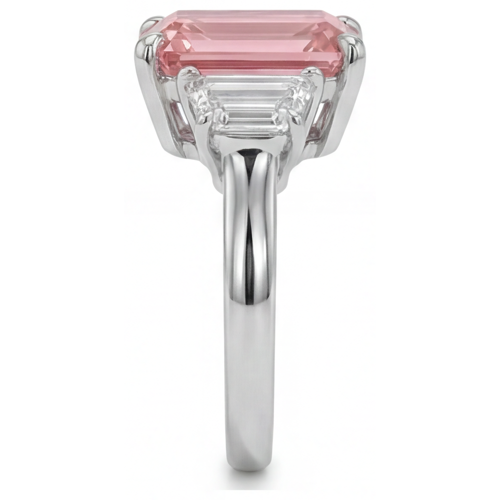Peach Color Sapphire 4.6 Carat Lab Grown Emerald Padparadscha and White Trapezoid Three Stone Plain Ring 14K Gold