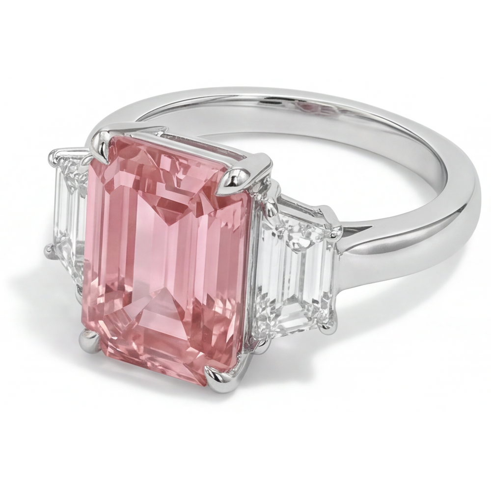 Peach Color Sapphire 4.6 Carat Lab Grown Emerald Padparadscha and White Trapezoid Three Stone Plain Ring 14K Gold