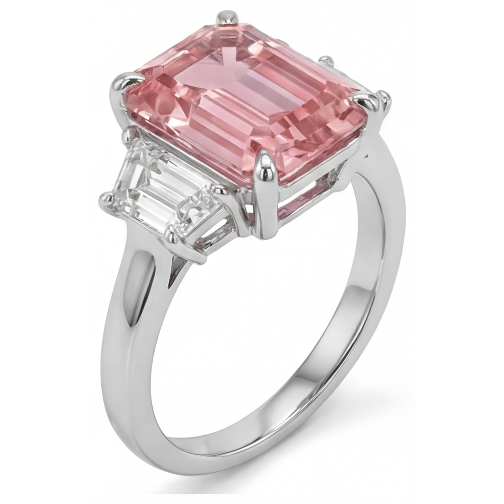 Peach Color Sapphire 4.6 Carat Lab Grown Emerald Padparadscha and White Trapezoid Three Stone Plain Ring 14K Gold