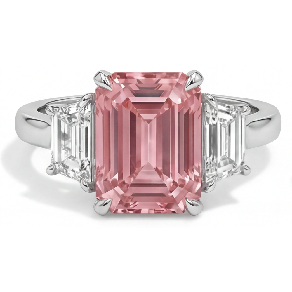 Peach Color Sapphire 4.6 Carat Lab Grown Emerald Padparadscha and White Trapezoid Three Stone Plain Ring 14K Gold