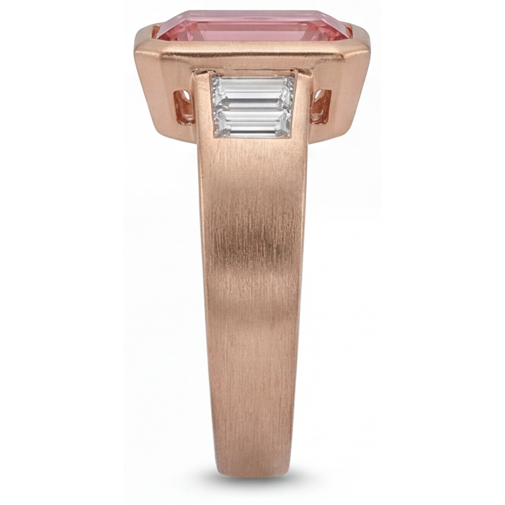 Orange Padparadscha Sapphire Ring 2.9 Carat Real Emerald and White Baguette Bezel Three Stone 14K Rose Gold
