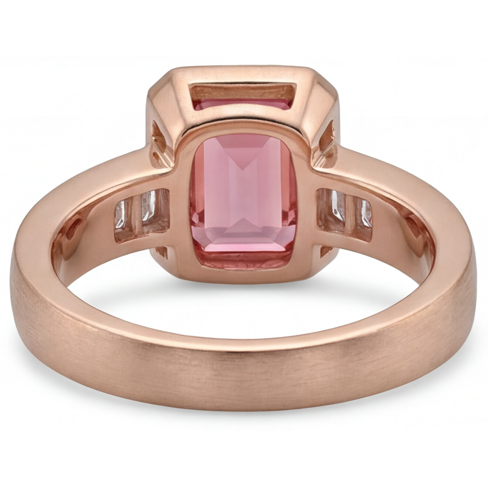 Orange Padparadscha Sapphire Ring 2.9 Carat Real Emerald and White Baguette Bezel Three Stone 14K Rose Gold