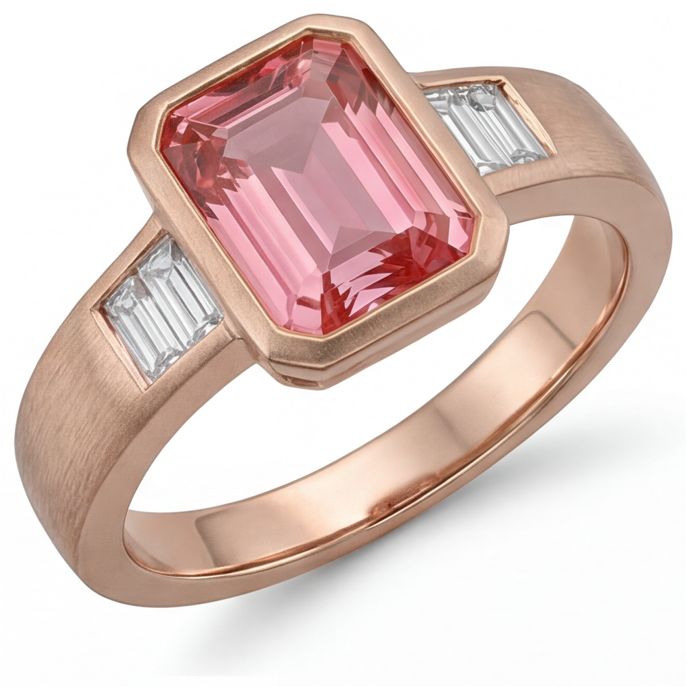 Orange Padparadscha Sapphire Ring 2.9 Carat Real Emerald and White Baguette Bezel Three Stone 14K Rose Gold