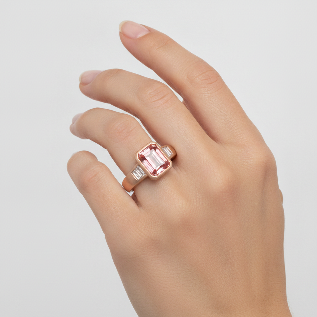 Orange Padparadscha Sapphire Ring 2.9 Carat Real Emerald and White Baguette Bezel Three Stone 14K Rose Gold