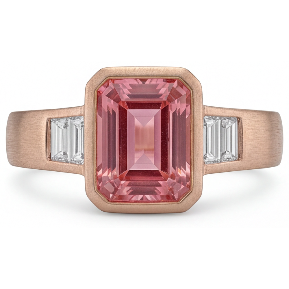 Orange Padparadscha Sapphire Ring 2.9 Carat Real Emerald and White Baguette Bezel Three Stone 14K Rose Gold
