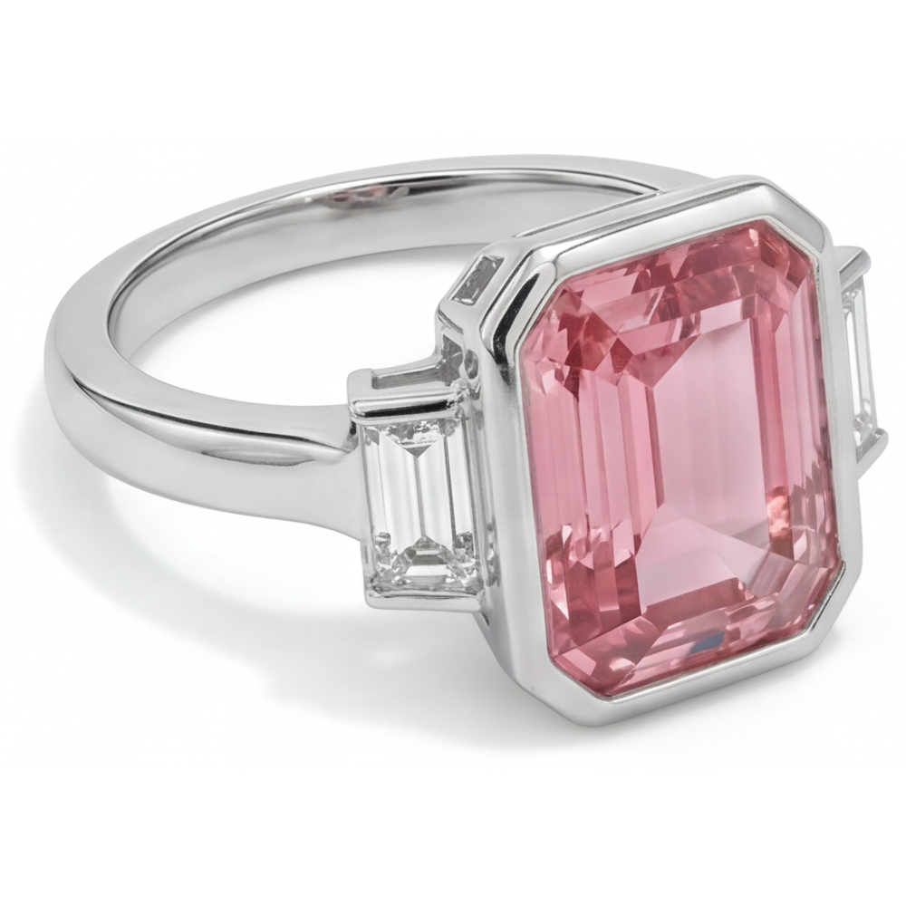Padparadscha Engagement Ring 3.9 Carat Genuine Emerald Sapphire and White Baguette Bezel Three Stone 14K Gold