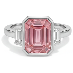 Padparadscha Engagement Ring 3.9 Carat Genuine Emerald Sapphire and White Baguette Bezel Three Stone 14K Gold