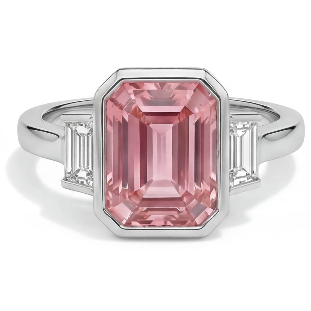 Padparadscha Engagement Ring 3.9 Carat Genuine Emerald Sapphire and White Baguette Bezel Three Stone 14K Gold