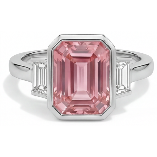 Padparadscha Engagement Ring 3.9 Carat Genuine Emerald Sapphire and White Baguette Bezel Three Stone 14K Gold