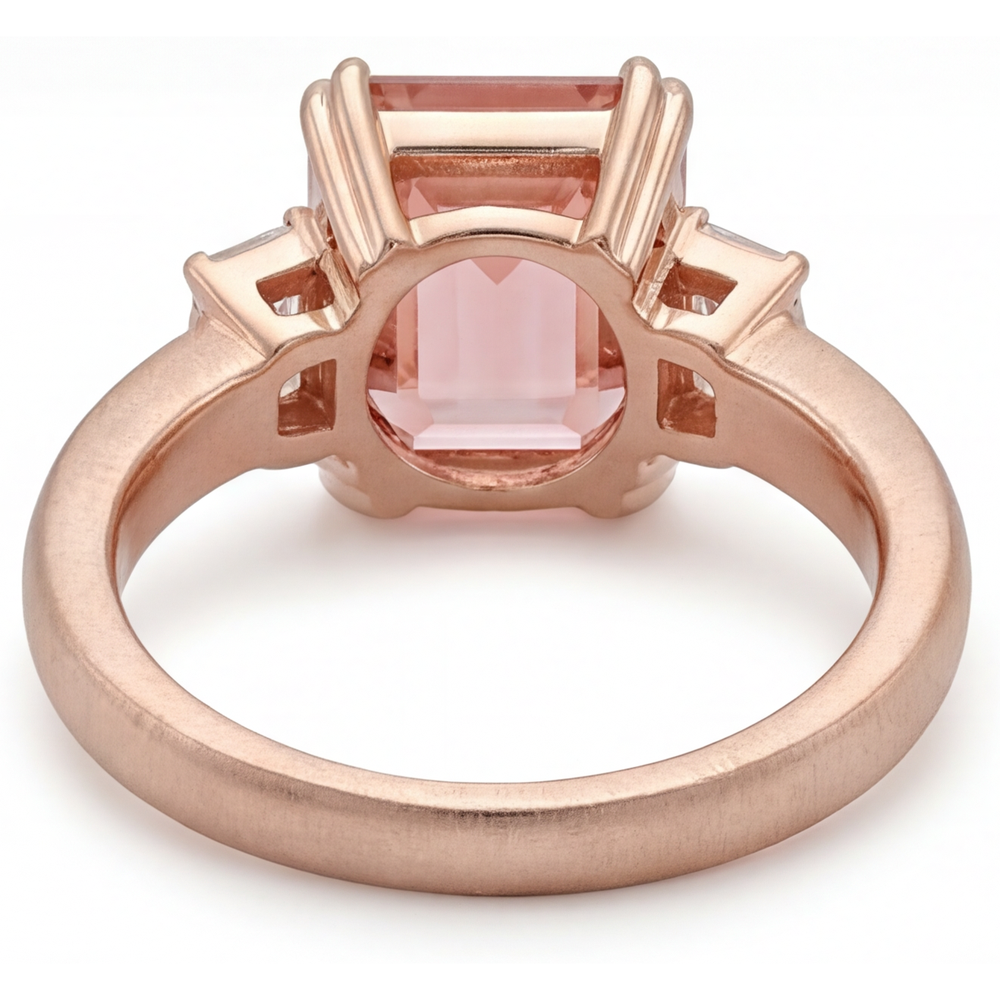 Orange Padparadscha Sapphire Ring 3.9 Carat Genuine Emerald and White Baguette Three Stone 14K Rose Gold