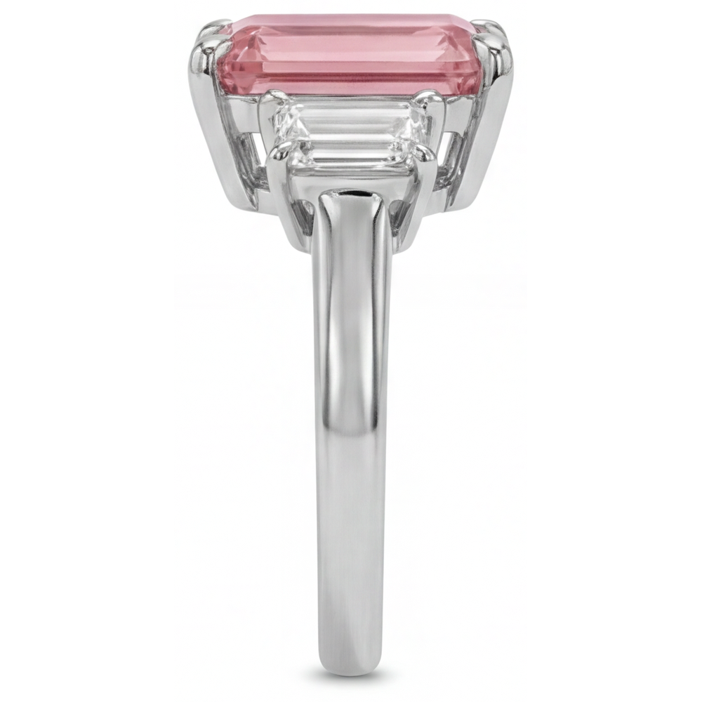 Padparadscha Ring 2.9 Carat Genuine Emerald Sapphire and White Baguette Three Stone Plain 14K Gold