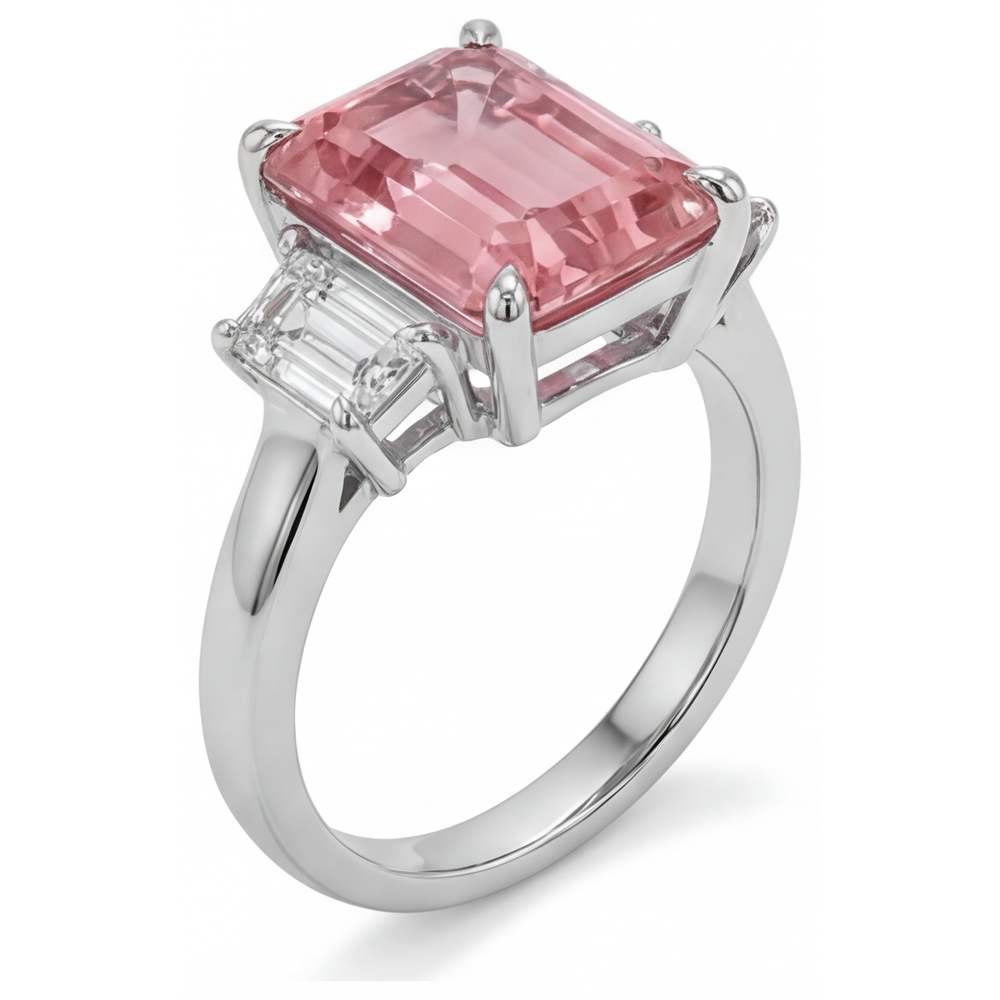 Padparadscha Ring 2.9 Carat Genuine Emerald Sapphire and White Baguette Three Stone Plain 14K Gold