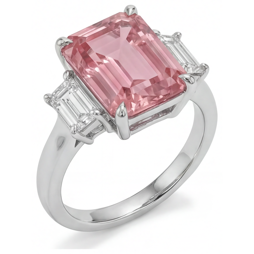Padparadscha Ring 2.9 Carat Genuine Emerald Sapphire and White Baguette Three Stone Plain 14K Gold