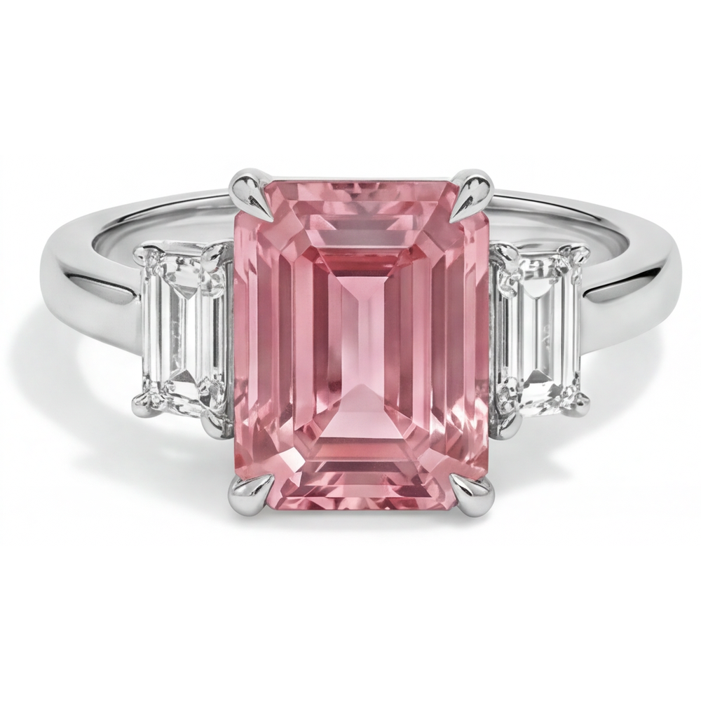 Padparadscha Ring 2.9 Carat Genuine Emerald Sapphire and White Baguette Three Stone Plain 14K Gold
