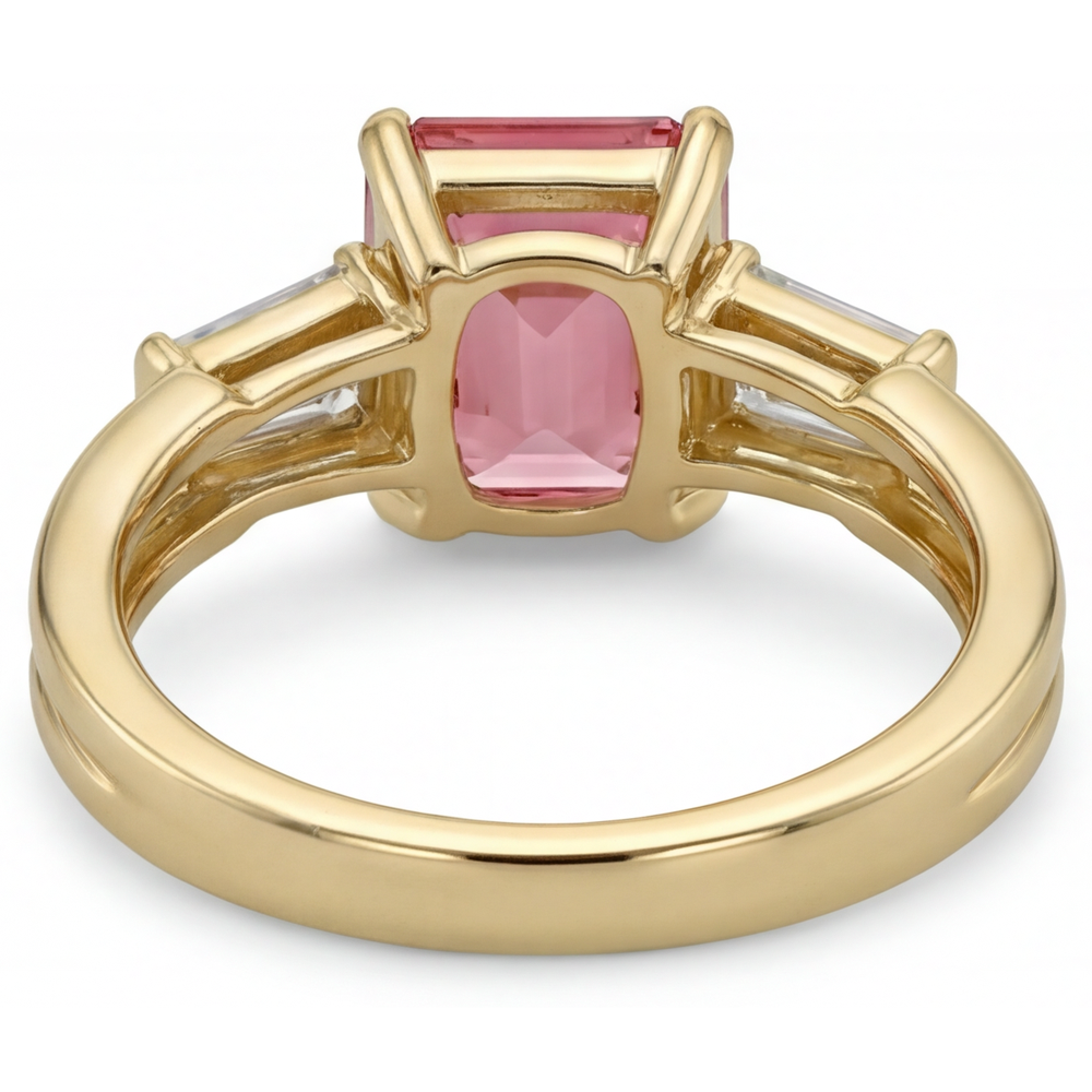 Peach Sapphire Ring 2.9 Carat Real Emerald Padparadscha and White Baguette Three Stone 14K Yellow Gold