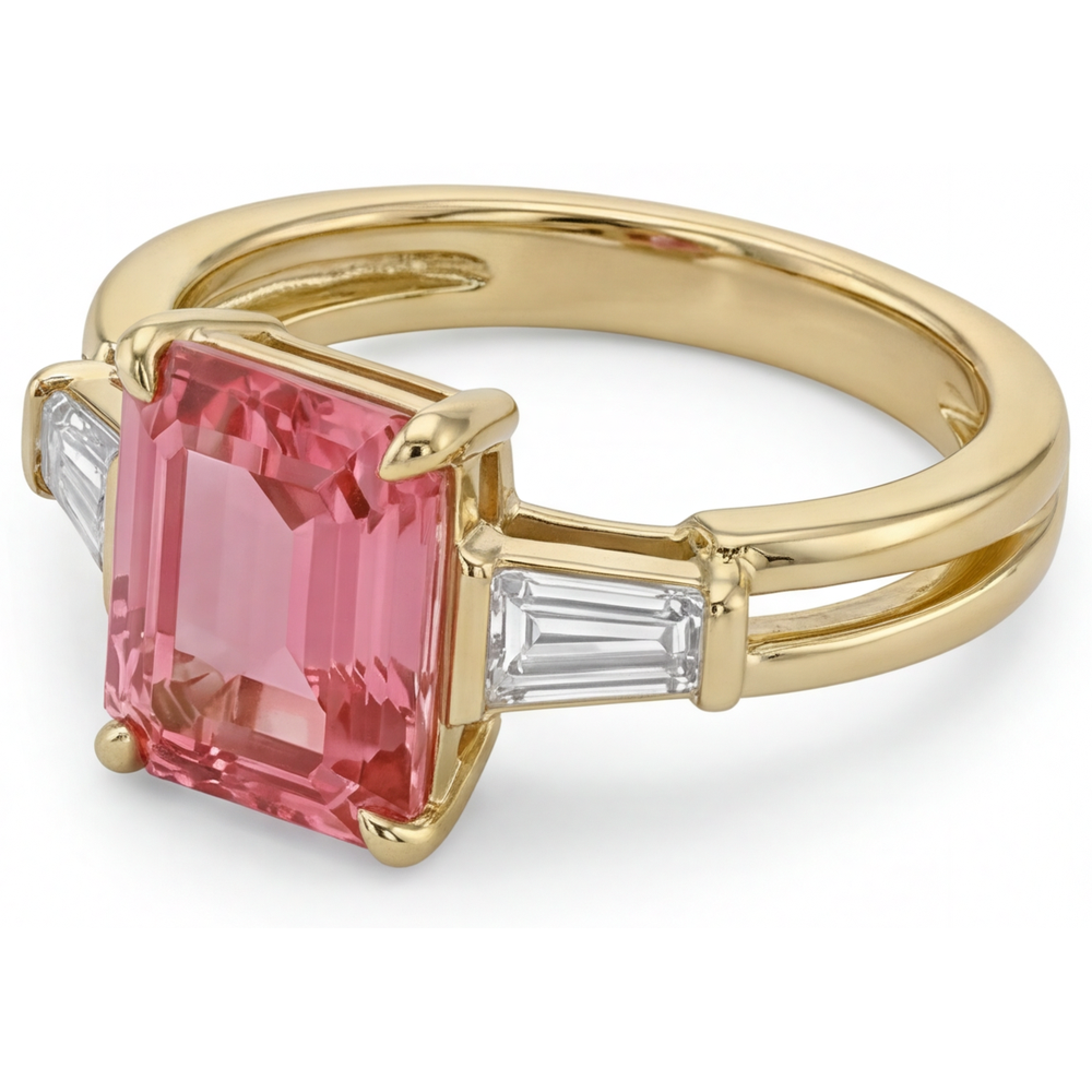 Peach Sapphire Ring 2.9 Carat Real Emerald Padparadscha and White Baguette Three Stone 14K Yellow Gold