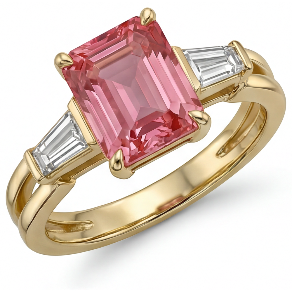 Peach Sapphire Ring 2.9 Carat Real Emerald Padparadscha and White Baguette Three Stone 14K Yellow Gold