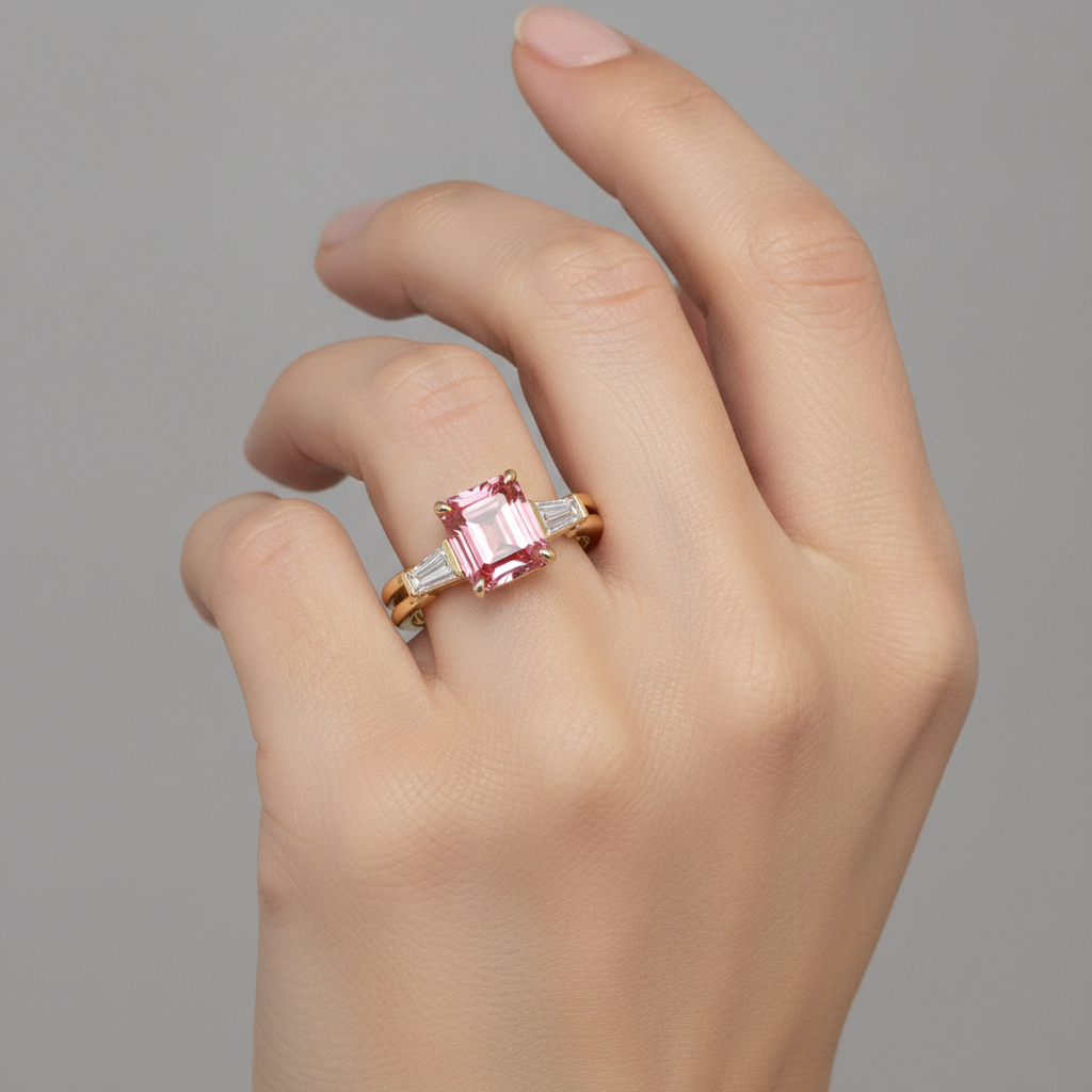 Peach Sapphire Ring 2.9 Carat Real Emerald Padparadscha and White Baguette Three Stone 14K Yellow Gold