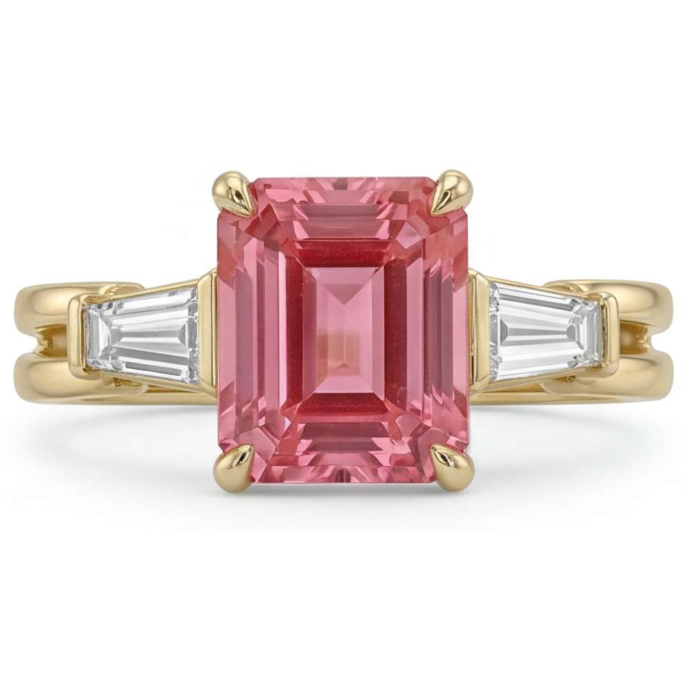 Peach Sapphire Ring 2.9 Carat Real Emerald Padparadscha and White Baguette Three Stone 14K Yellow Gold