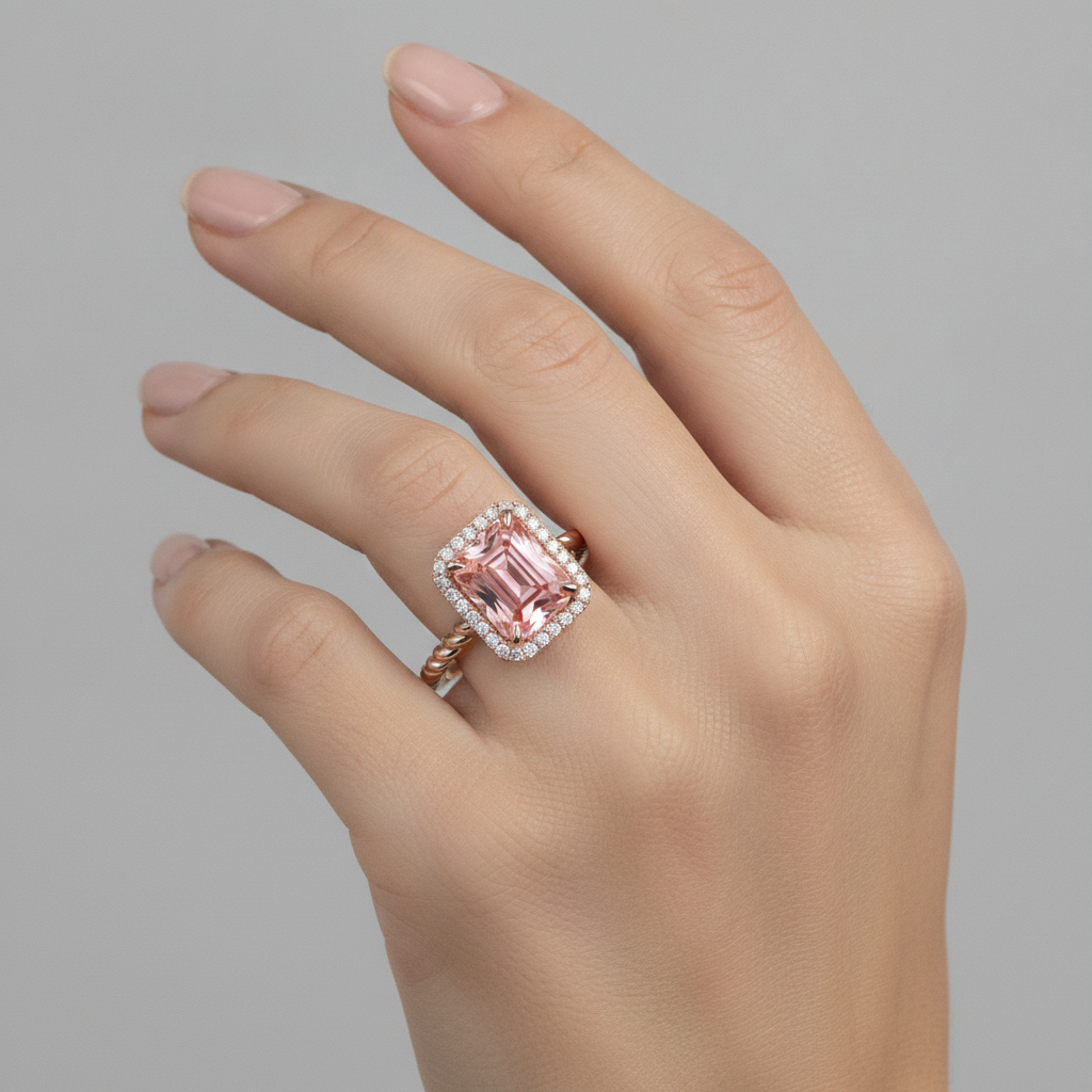 Orange Padparadscha Sapphire Ring 2.5 Carat Genuine Emerald Halo 14K Rose Gold
