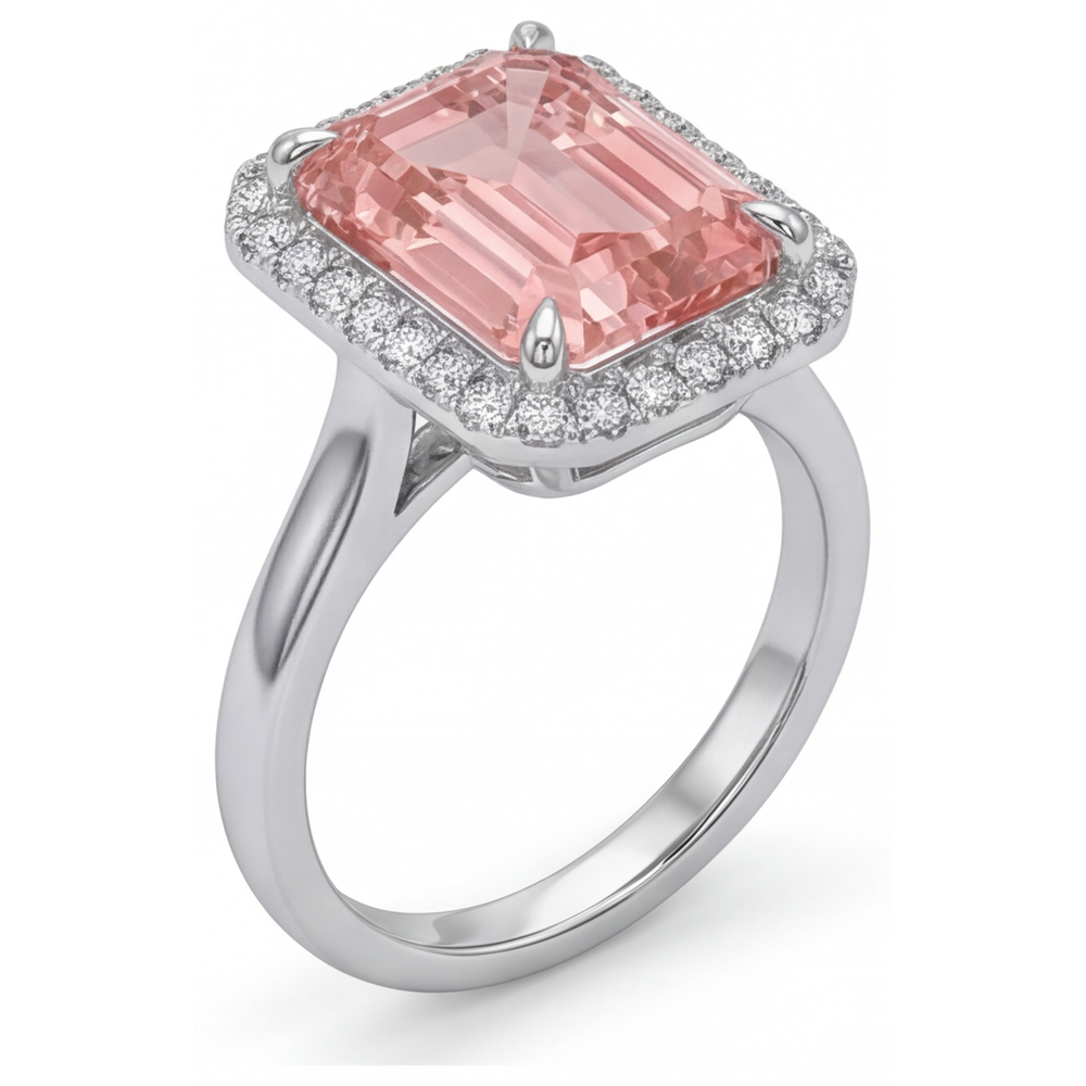 Peach Sapphire Engagement Ring 2.8 Carat Real Emerald Padparadscha Halo 14K White Gold