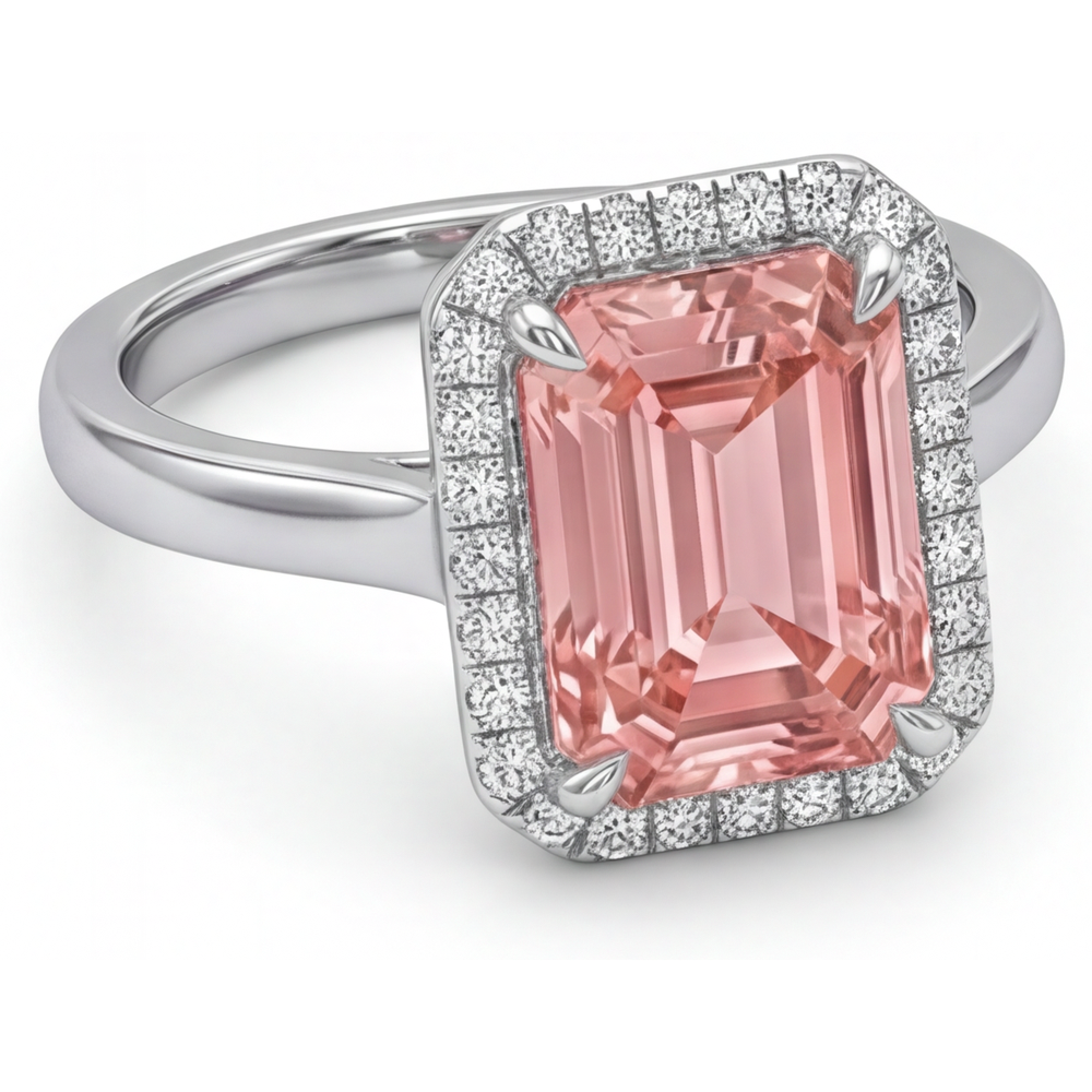 Peach Sapphire Engagement Ring 2.8 Carat Real Emerald Padparadscha Halo 14K White Gold