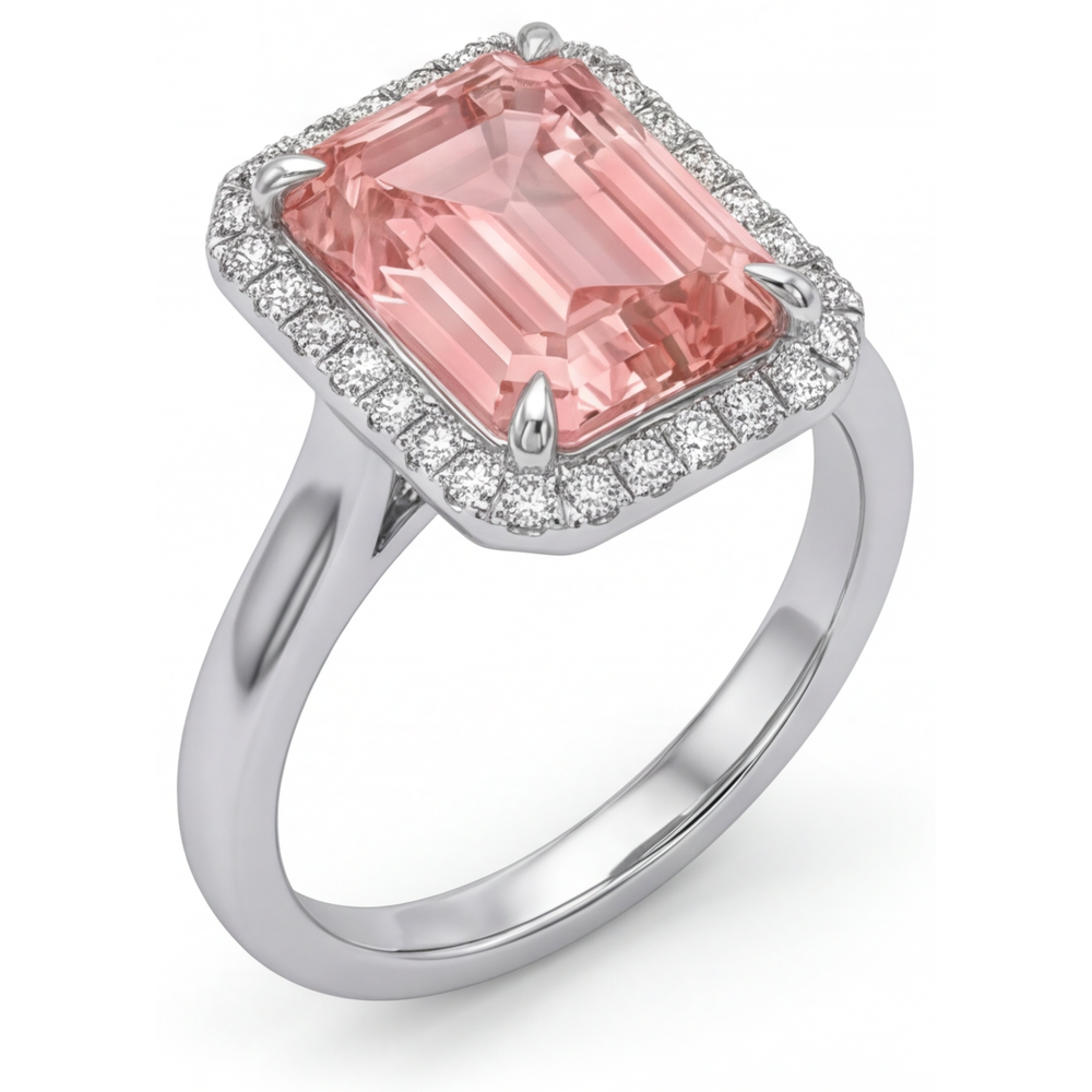 Peach Sapphire Engagement Ring 2.8 Carat Real Emerald Padparadscha Halo 14K White Gold