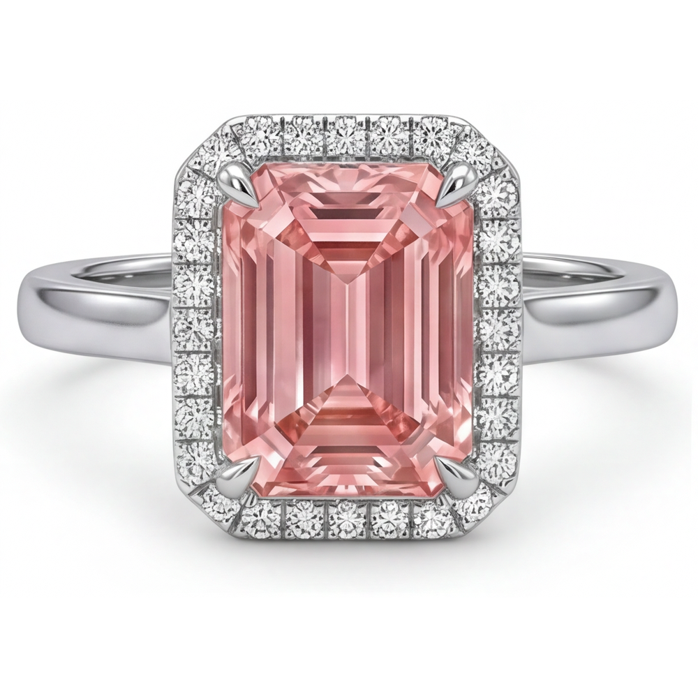 Peach Sapphire Engagement Ring 2.8 Carat Real Emerald Padparadscha Halo 14K White Gold