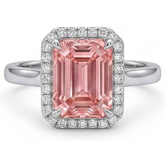 Peach Sapphire Engagement Ring 2.8 Carat Real Emerald Padparadscha Halo 14K White Gold